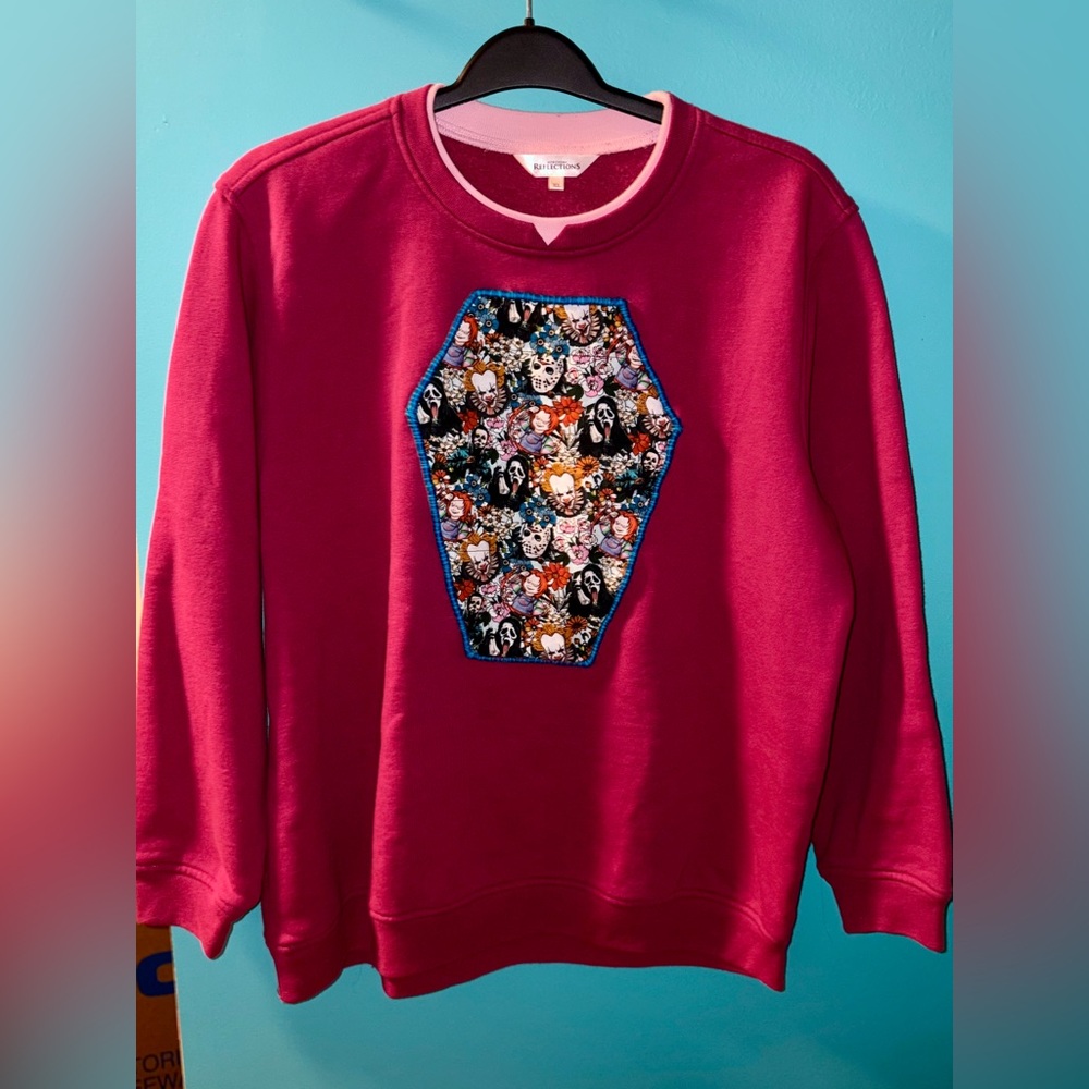 Upcycled Horror Villians Coffin Patch Crewneck ❤️👻